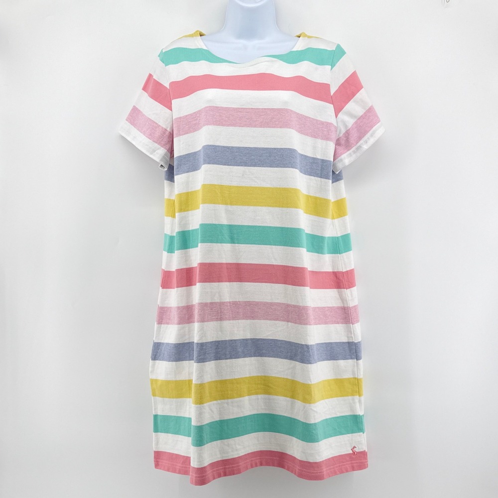Joules Riviera T-Shirt Dress US 16 Cotton Shift Rainbow Multi Stripe Mini